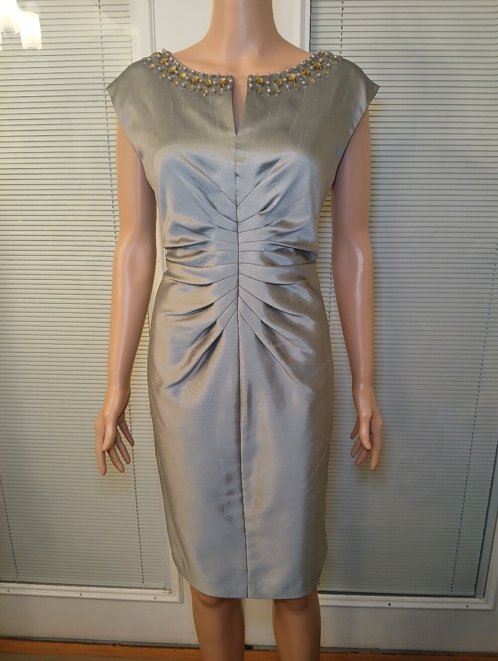 Jessica Howard Silver Ruched Sheath Dress with Beaded Neckline